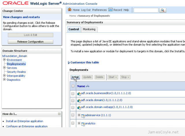 Summary of Deployments WLS Console